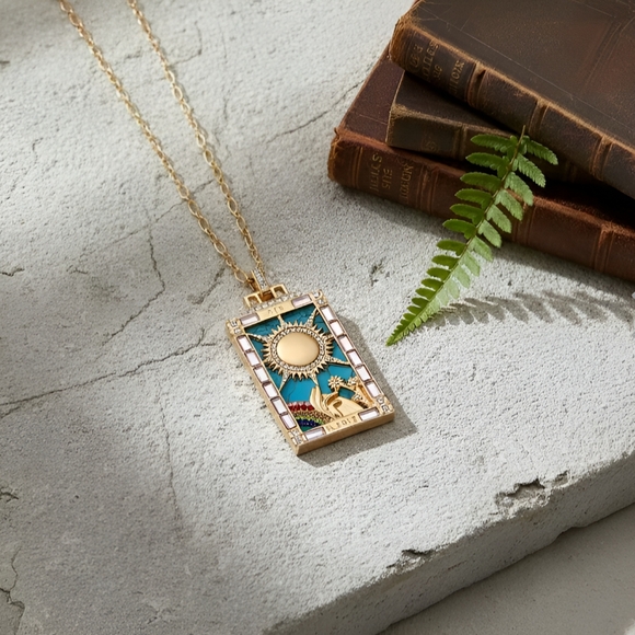 SLC Jewelry - Unique 'Sun of Destiny' tarot pendant necklace, Goldtone, 24"